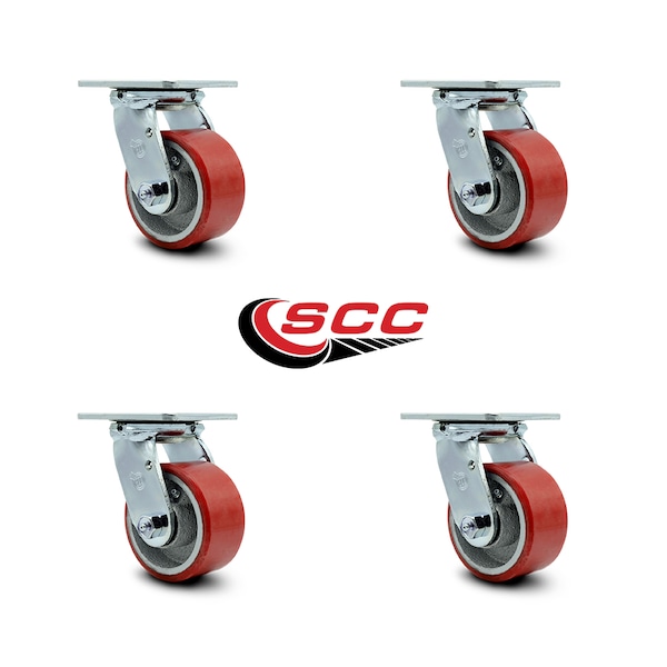 4 Inch Red Poly on Cast Iron Wheel Swivel Caster Set with Ball Bearings SCC